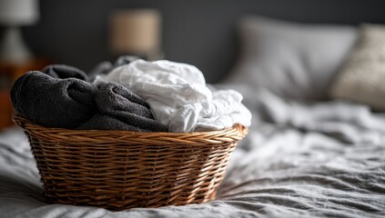 Laundry basket filled with clothes on a bed