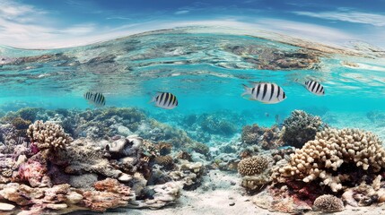 Fototapeta premium Crystal clear underwater view of tropical fish swimming above vibrant coral reef, high-resolution marine wildlife scene