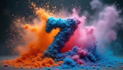 Vibrant number 7 formed from exploding colored powder indoors