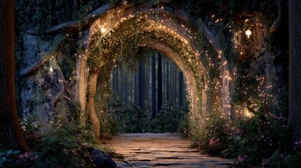 Magical archway in a dark forest adorned with glowing fairy lights, creating an enchanting passage for fantasy and mystery book covers.