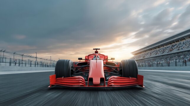 Red sport racing car driving on asphalt road circuit with motion blur. Race car on speed track during sunset. Grand prix.