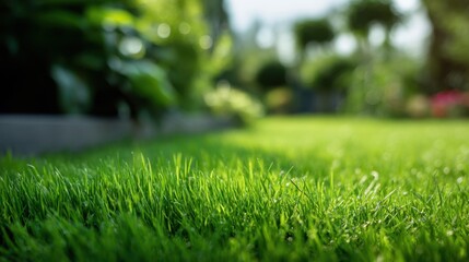 Naklejka premium Natural bright green grass field or lawn with blurred background. Lush garden and outdoor park background. Natural habitat.