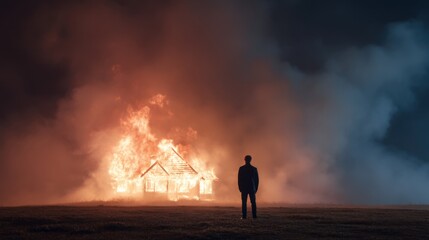 Fototapeta premium Man standing in front of burning house at night, concept of tragedy and destruction, loss and despair, for insurance or news.