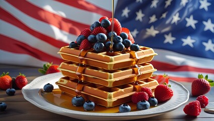 A delicious waffle breakfast drizzled with syrup and decorated with an American flag, served on a marble surface to celebrate National Waffle Day