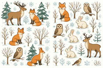 Naklejka premium Winter woodland animals: deer, foxes, owls, rabbits, and trees in snowy landscape