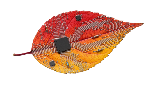 Autumn Leaf Circuit Board with Microchips Fusing Nature and Technology. isolated transparent background