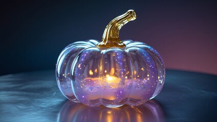 A glass pumpkin with a golden stem, glowing magically with sparkling light, placed on a reflective surface