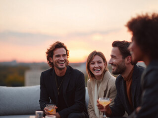Stylish friends gather for rooftop cocktails at sunset, sharing laughter and camaraderie. Celebratory, aspirational, and perfect for lifestyle or social event concepts.