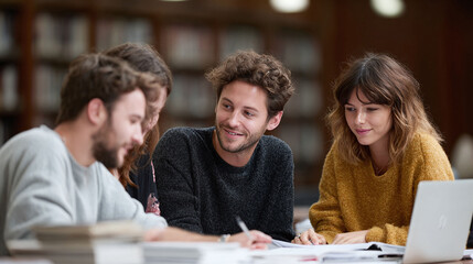 Focused students collaborating on a project in a library, emphasizing teamwork and shared learning. Ideal for education, university, or studyrelated content.