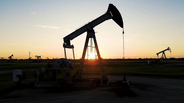 Oil rig pumpjack machine working in a fossil fuel energy field with a dramatic sunset background