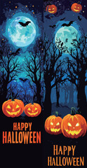 Fototapeta premium Under a bright full moon, eerie bats fly over dark trees silhouetted against the night sky. Jack-o-lanterns glow warmly, celebrating Halloween festivities.