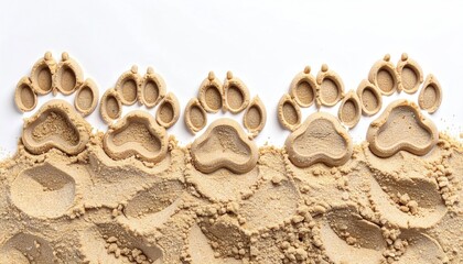 Top-down, close-up shot featuring paw-shaped treats sitting in crumbled dry food against a stark white background. The arrangement resembles prints in sand
