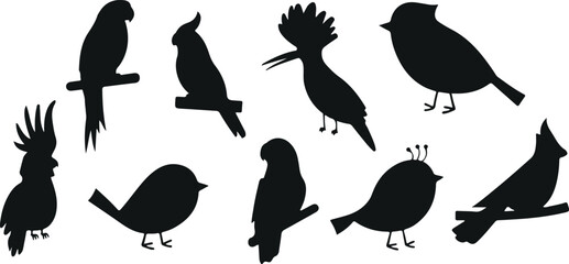 Exotic Bird Silhouettes – Hoopoe, Sparrow, Dove, Flying Birds, Sitting Birds, Tropical Birds, Black Shape, Minimal, Wildlife, Aviary, Decorative, Nature, Cartoon, Hand Drawn, Animal Icons, Vector, Bir © Geetaroy