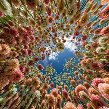 stunning complex botanical groupings of flowers unfurling, hyper real, cinimatic 180 degrees fish eye dome distortion, camera looking stright down from the sky --motion high 1 --aspect 1_1_4K_10s