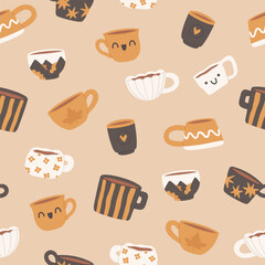 Cozy pattern with cute coffee cups. Vector seamless texture with different design handmade mugs. Autumn tea cups on beige background. Template for wrapping paper or textile