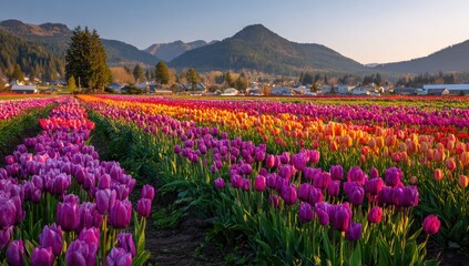 Obraz premium A vibrant field of tulips in various shades of purple, orange, and red, stretching towards a mountain range at dawn