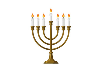 A menorah with seven lit candles in a symmetrical arrangement