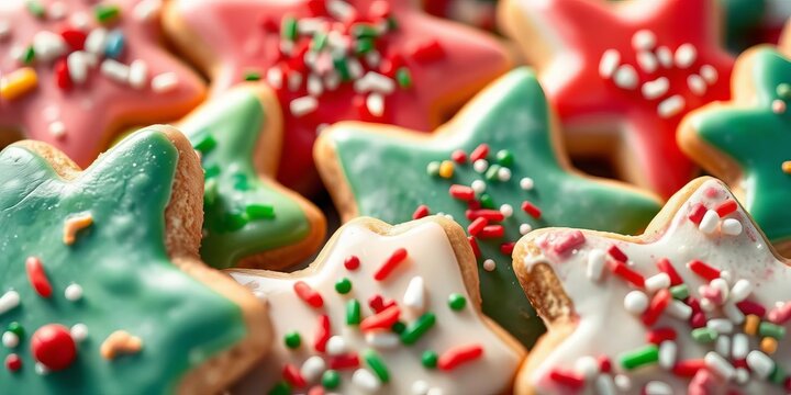 Close-up of intricately decorated homemade Christmas cookies, showcasing colorful icing and sprinkles, cookie decorating, delicious