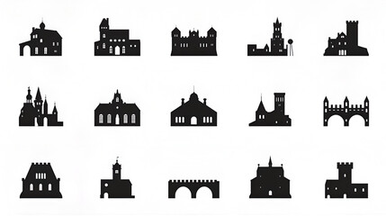 Obraz premium Various Castle And Building Black Silhouettes On A Transparent Background Arranged In Rows