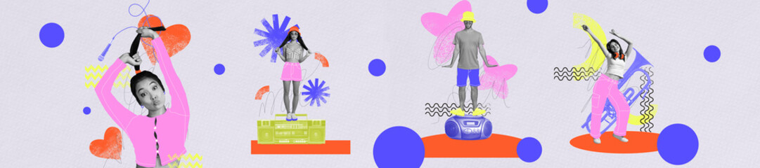 Obraz premium Full panoramic art poster 3d banner collage of happy girl guy dance weekend chill boombox occasion celebration relax party