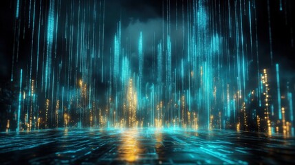 Futuristic digital cityscape with light beams at night