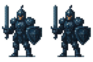 A pixelated knight stands confidently in full armor, gripping a sword in one hand and a shield in the other, embodying the spirit of classic video games from the 8-bit era