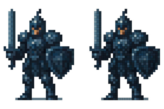 A pixelated knight stands confidently in full armor, gripping a sword in one hand and a shield in the other, embodying the spirit of classic video games from the 8-bit era