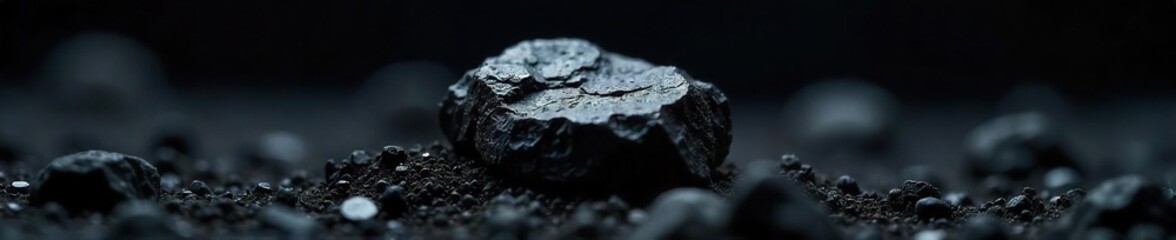 Close-up of a piece of coal on a dark background, highlighting its texture and the stark contrast against the black  Shows the raw material of fossil fuel energy  ,  global,  dark
