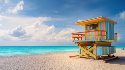 Empty sandy beach and colorful lifeguard house with blue sea and sky, vacation and summer travel concept.