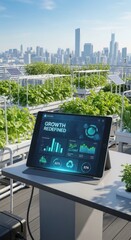 Tablet displaying growth charts on rooftop farm with city skyline urban farming technology
