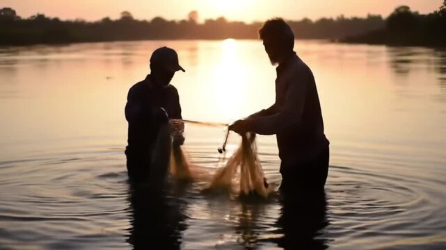 Silhouette of Two Fishermen Casting Net in River at Sunset