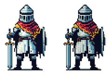 A pixel art knight stands confidently, holding a sword and shield. Clad in armor with a cloak, the warrior prepares for an adventure in a fantasy landscape
