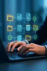Obraz premium Modern laptop workflow with glowing folder and document icons illustrating digital file management approval process productivity organization cloud storage efficiency business technology 