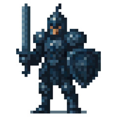 Fototapeta premium A pixelated knight stands confidently in full armor, gripping a sword in one hand and a shield in the other, embodying the spirit of classic video games from the 8-bit era