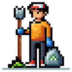 A young character in casual attire stands prepared for gardening, holding a shovel and wearing gloves, beside a bag for collecting waste. Bright colors enhance the vibrant backdrop