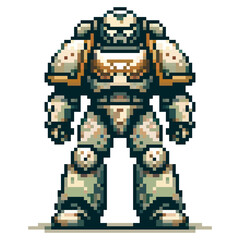 A detailed pixel art robot is poised in a heroic stance, showcasing intricate design elements that reflect a classic video game style. The digital atmosphere evokes nostalgia and excitement