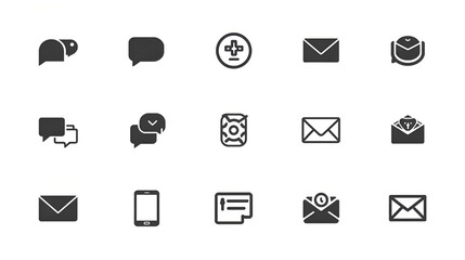 Collection Of Communication Icons In Black On A Transparent Background Mail Messages And Phone Symbols