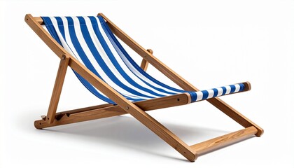 Wooden-framed deck chair with blue and white vertical striped fabric angled for lounging