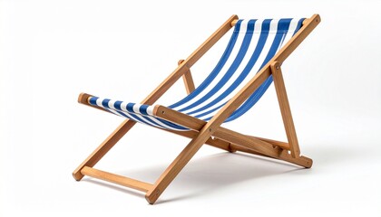 Wooden-framed deck chair with blue and white vertical striped fabric angled for lounging