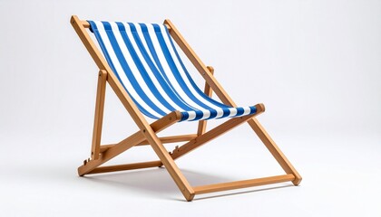 Wooden-framed deck chair with blue and white vertical striped fabric angled for lounging