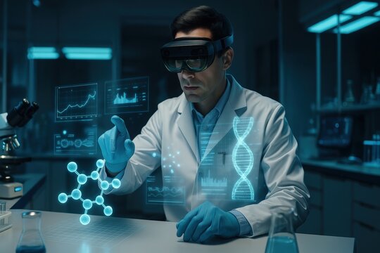 Scientist interacts with futuristic holographic dna and molecular models in advanced laboratory