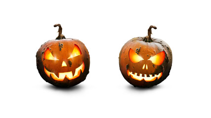 Two lit green and orange spooky halloween pumpkin, Jack O Lantern with evil face and eyes isolated against a transparent background