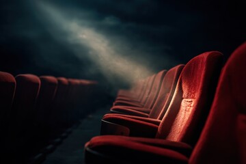 Empty red theater seats bathed in dramatic light