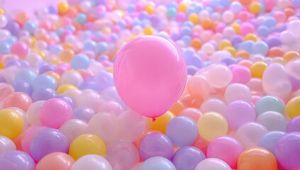 Pastel balloons fill a soft-focus background