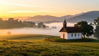 Fototapeta premium Small white chapel with red roof and steeple surrounded by misty hills at sunrise