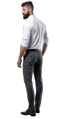 The back view of a standing handsome bearded man wearing a white shirt and grey smart pants, isolated over transparent background, PNG, cutout	
