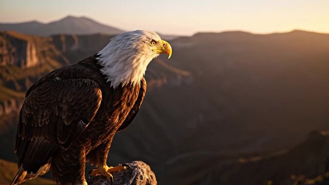 Majestic Bald Eagle on a Cliff Overlooking a Valley at Sunrise