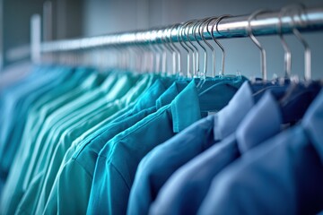 Naklejka premium Rows of turquoise and blue shirts on hangers