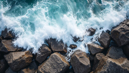 Waves crash against jagged rocks with foamy splashes and raw force
