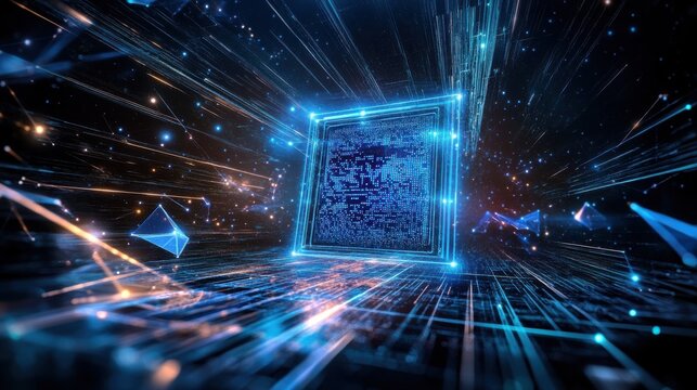 Glowing data cube in dynamic cyberspace at night